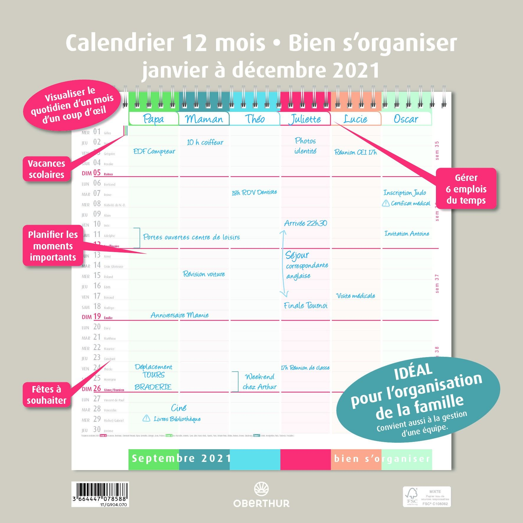 Oberthur Bien s'organiser - Calendrier mensuel - 12 feuilles - 30 x 30