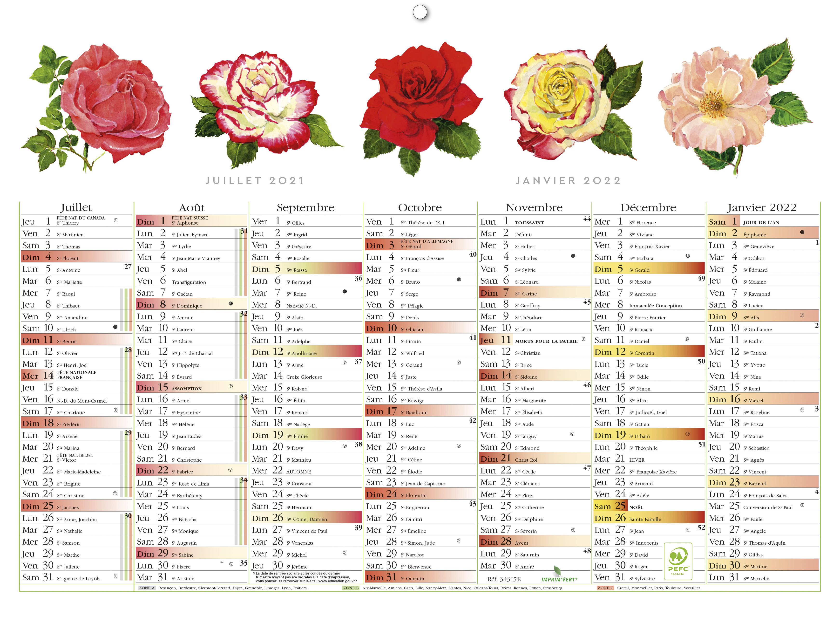 10 Calendriers illustrés Fleurs - 7 mois par face - 22 x 29,5 cm