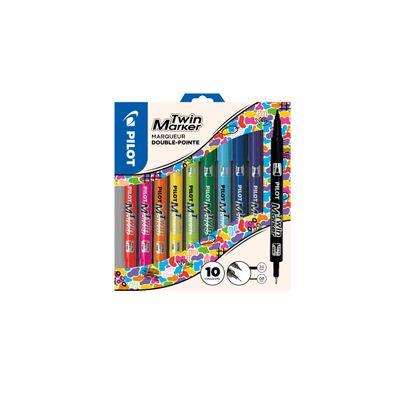 3131910437574-Pilot TWIN MARKER - 10 marqueurs permanent - double pointe fine et extra fine - couleurs assorties--0