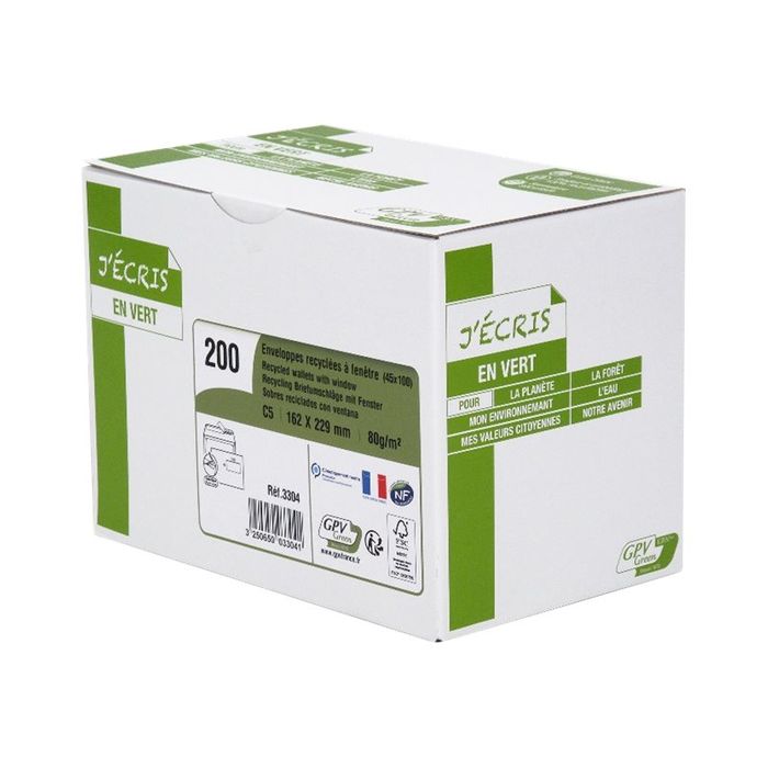 3250650033041-GPV Green - 200 Enveloppes recyclées C5 162 x 229 mm - 80 gr - fenêtre 45x100 mm - blanc - band-Angle droit-0