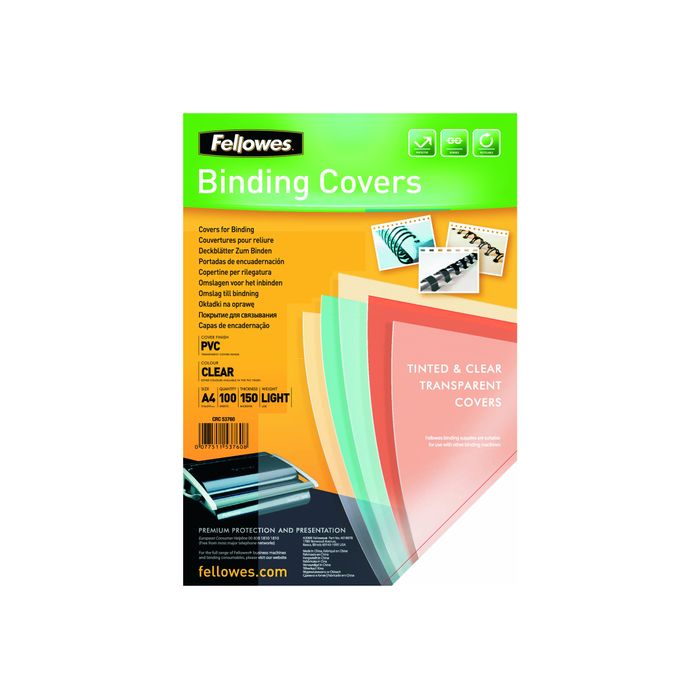 0077511537608-Fellowes - 100 couvertures à reliure A4 (21 x 29,7 cm) - plastique 150 microns - transparent-Avant-0