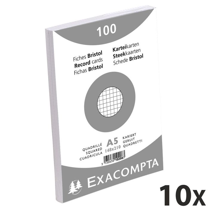 3130631102082-Exacompta - 10 Packs de 100 Fiches Bristol - A5 - petits carreaux - non perforées - blanc--0