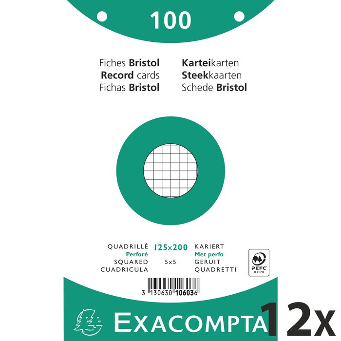 3130631106035-Exacompta - 12 Packs de 100 Fiches Bristol - 12,5 x 20 cm - petits carreaux - perforées - blanc--0