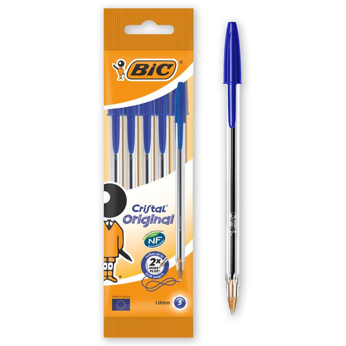 0070330100749-BIC Cristal - 5 Stylos à bille - bleu - pointe moyenne--0