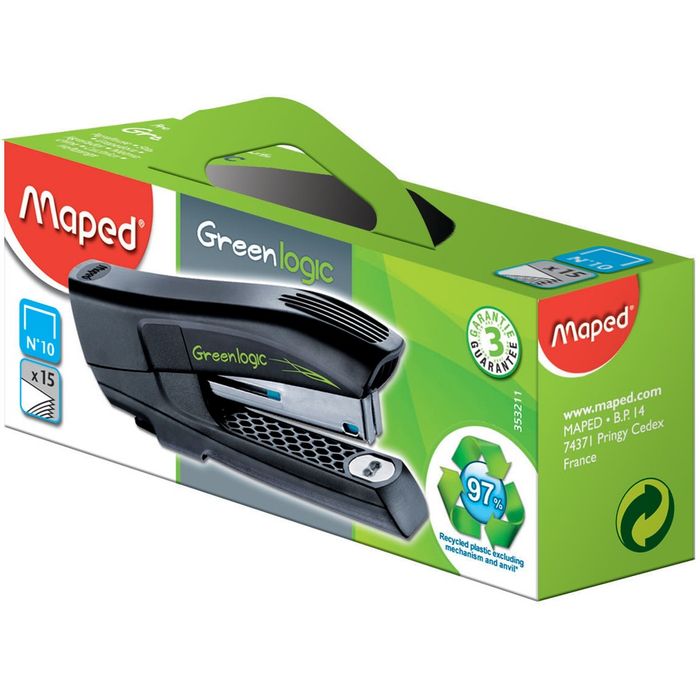 3154143532113-Maped - Agrafeuse de poche Greenlogic Pocket n°10 noir - capacité de 15 feuilles - agrafes n°10--0