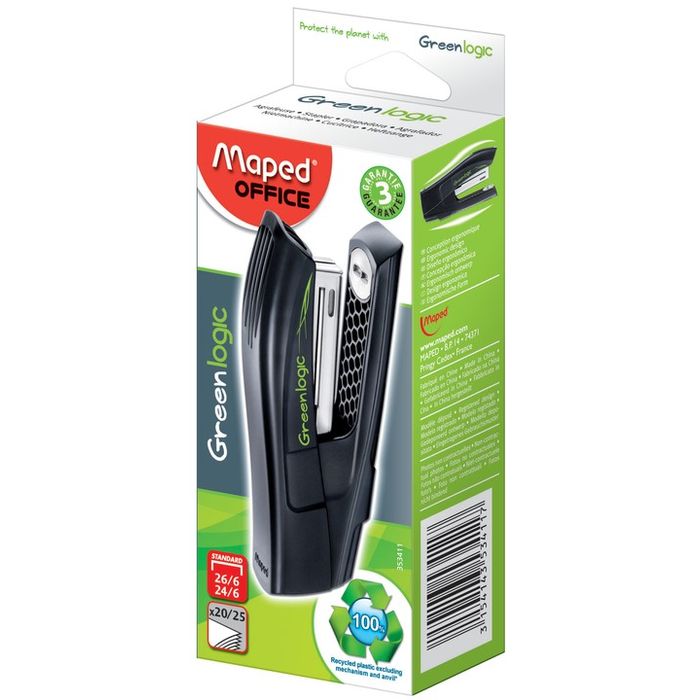 3154143534117-Maped - Agrafeuse Greenlogic Half Strip noir - capacité de 25 feuilles - agrafes 24/6 ou 26/6--0