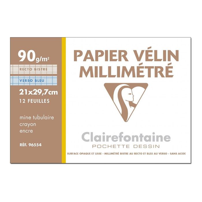 3329680965544-Clairefontaine - Pochette papier à dessin millimétré velin - 12 feuilles - A4 - 90G-Avant-0