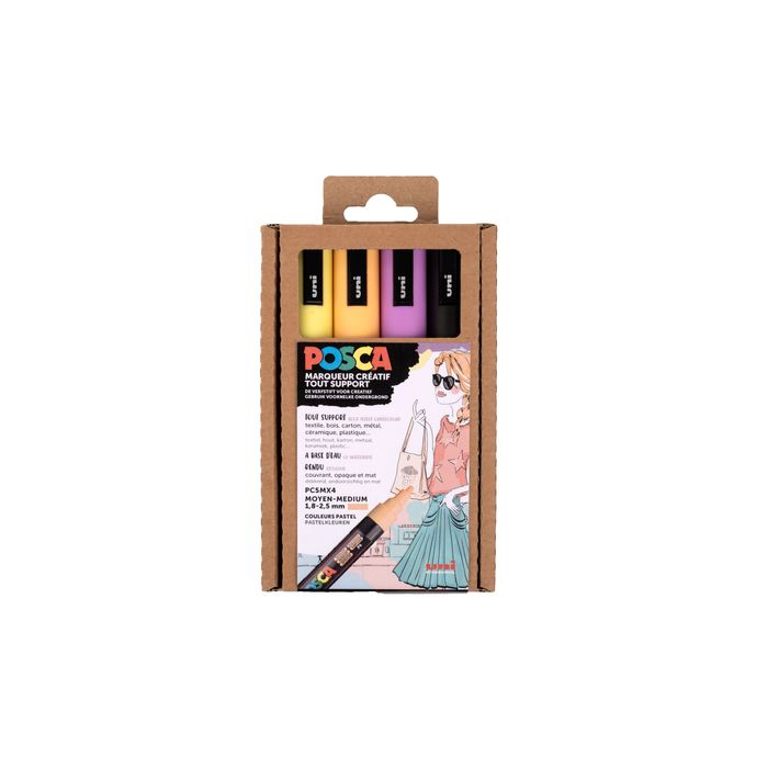 3296280042909-Posca - Pack de 4 feutre pastel - pointe moyenne - noir, lavande, abricot, jaune--0