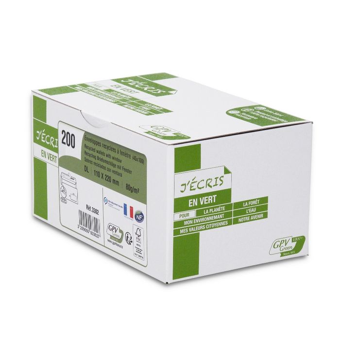 3250650033027-GPV Green - 200 Enveloppes recyclées DL 110 x 220 mm - 80 gr - fenêtre 45x100 mm - blanc - bande adhésive--0