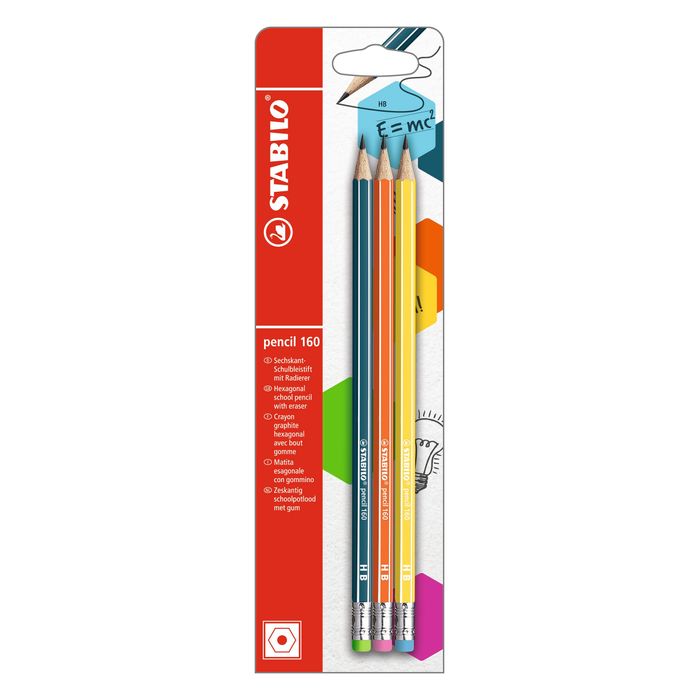 4006381504980-STABILO pencil 160 - 3 Crayons à papier - HB - embout gomme - couleurs assorties--0