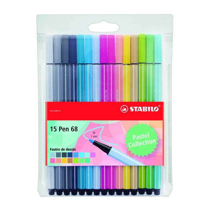 4006381495073-STABILO Pen 68 - 15 Feutres pointe moyenne - coloris pastel--0