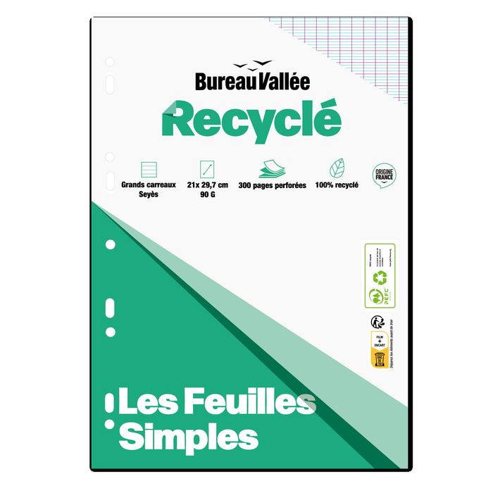 3663619096900-Bureau Vallée Recyclé - feuilles simples A4 - 300 pages - grands carreaux (Seyes) - perforées--0