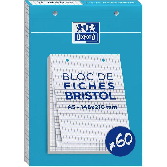 3020120196077-Oxford - Pack de 60 Fiches Bristol - A5 - petits carreaux - perforées - blanc--0