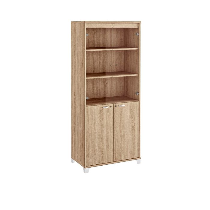 3483601119130-Armoire haute MAMBO - L80 x H187 x P46 - 2 portes vitrées, 2 portes pleines - Chêne Sonoma/blanc--0