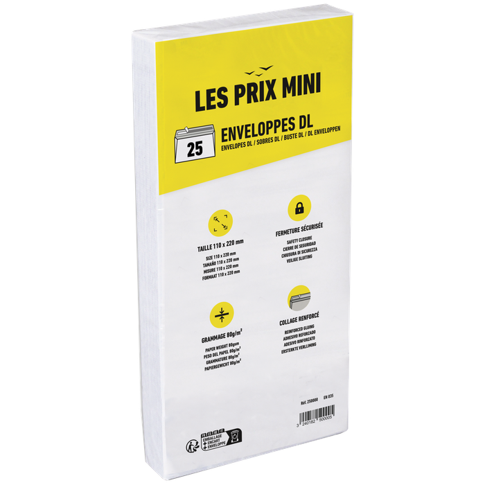 3240182500005-Les Prix Mini - 25 Enveloppes DL 110 x 220 mm - 80 gr - sans fenêtre - bande adhésive--0