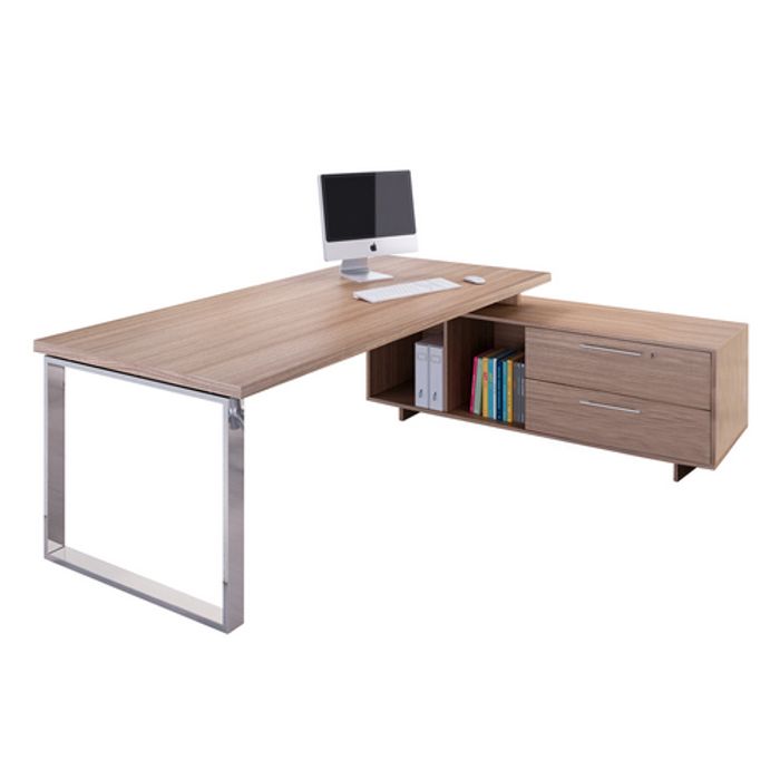 7331920003004-Bureau Manager FLORA - avec console retour réversible - L225 x P170 cm - pieds cadre en métal effet chromé - plateau imitatio--0