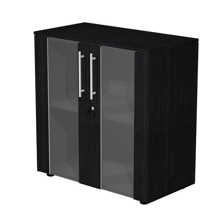 7331920003196-Armoire basse Flora - L82,8xP43xH81,4 cm - portes vitrées- 1 étagère - frêne noir--0