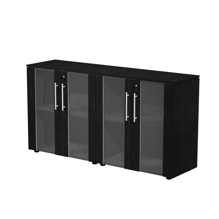 7331920003233-Armoire basse double Flora - L162,8xP43xH81,4 cm - portes vitrées- 2 étagères - frêne noir--0