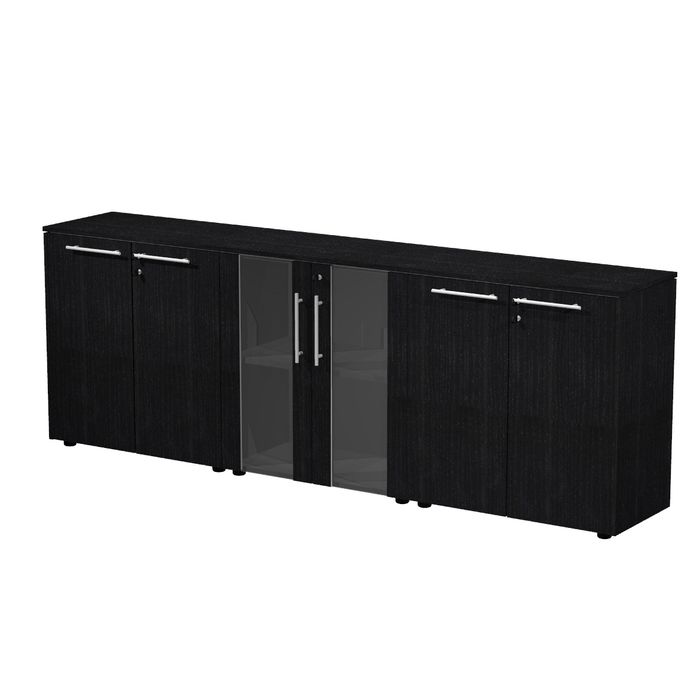 7331920003271-Armoire basse triple Flora - L243xP43xH81,4 cm - 4 portes mélaminés + 2 portes vitrées - 3 étagère--0