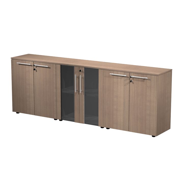 7331920003288-Armoire basse triple Flora - L243xP43xH81,4 cm - 4 portes mélaminés + 2 portes vitrées - 3 étagères --0