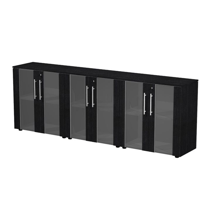 7331920003332-Armoire basse triple Flora - L243xP43xH81,4 cm - 6 portes vitrées - 3 étagères - frêne noir--0