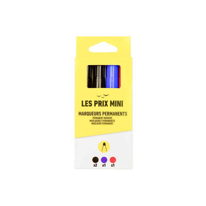 3539012004456-Les Prix Mini - Pack de 4 Marqueurs permanents : 2 noirs, 1 rouge, 1 bleu - pointe large--0