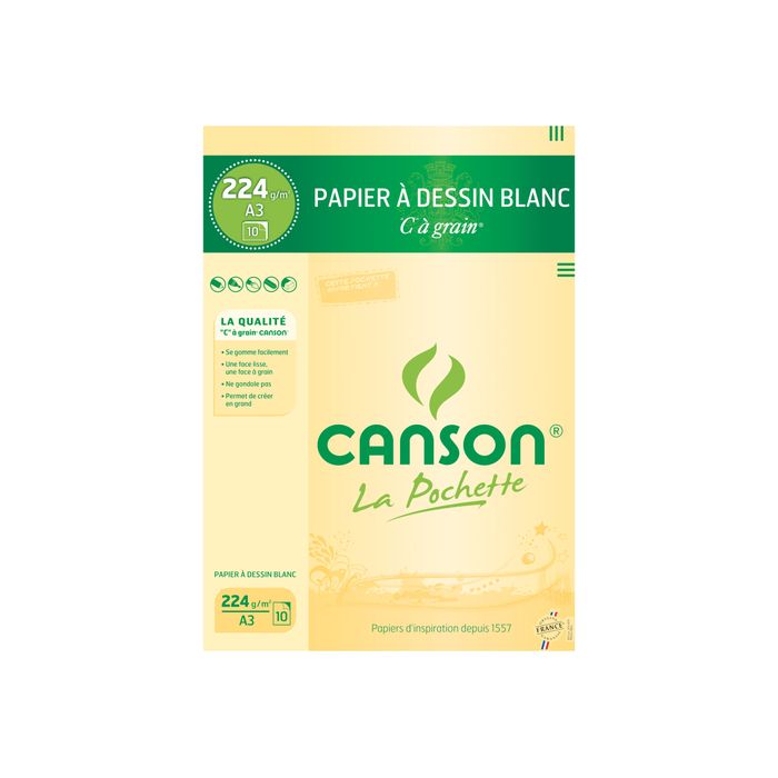 3148950023193-Canson C à grain - Pochette papier à dessin - 10 feuilles - A3 - 224 gr - blanc-Avant-0