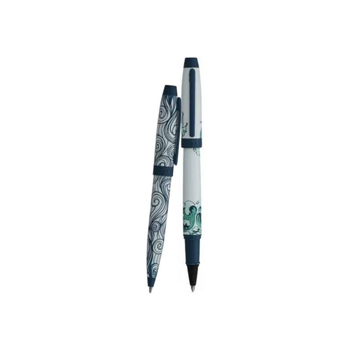 3219918262760-Enzo Varini Mini Taormina Tropea - Parure de stylo à bille et roller - acier bleu et blanc motif -Avant-0