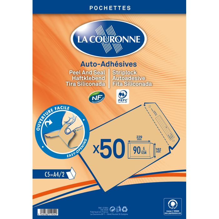 3240180519542-La Couronne - 50 Pochettes Enveloppes C5 162 x 229mm - 90 gr - sans fenêtre - brun - bande auto-adhés--0