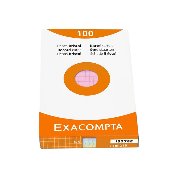 3130630133780-Exacompta - Pack de 100 Fiches Bristol - A5 - petits carreaux - non perforées - couleurs assortie-Avant-0