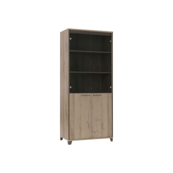 3483600448460-Armoire haute MAMBO - L80 x H187 x P46 - 2 portes vitrées, 2 portes pleines - Chêne/choco-Angle gauche-0