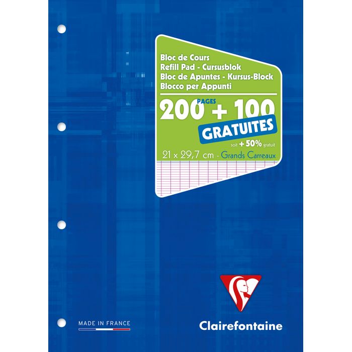 3329680658194-Clairefontaine - Bloc de cours - A4 - 300 pages - grands carreaux (Seyes) - perforé--0