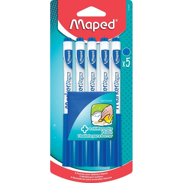 3154147418154-Maped Marker'Peps - Pack de 5 marqueurs effaçables avec chiffonette - pointe fine - bleu--0