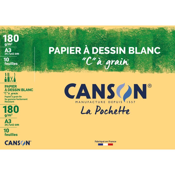 3148950023148-Canson C à grain - Pochette papier à dessin - 10 feuilles - A3 - 180 gr - blanc--0