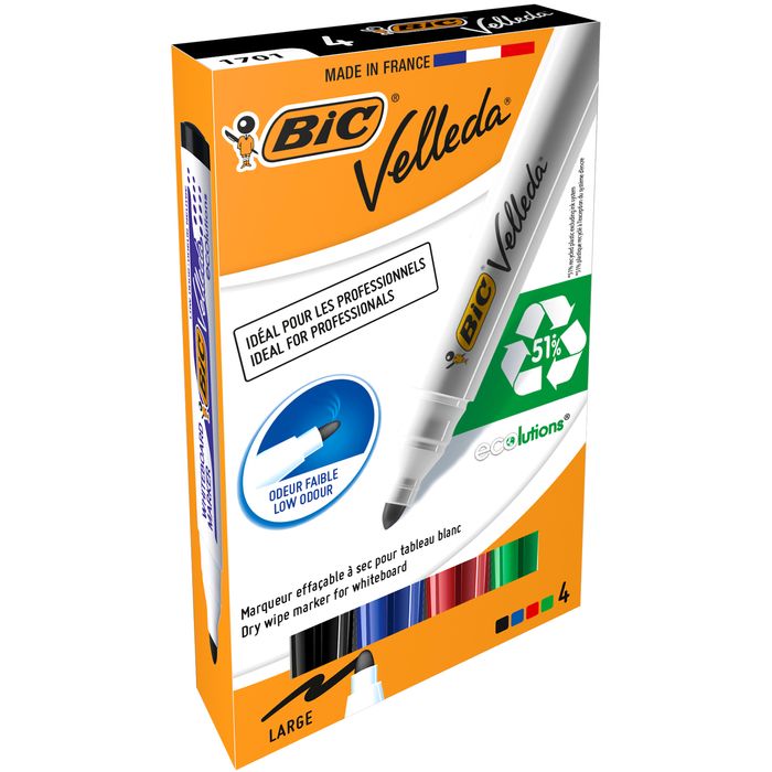 3086120017040-BIC VELLEDA 1701 - Pack de 4 marqueurs effaçables - pointe ogive - couleurs assorties--0