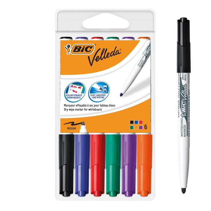 3086120057466-BIC VELLEDA 1741 - Pack de 6 marqueurs effaçables - pointe ogive - couleurs assorties--0