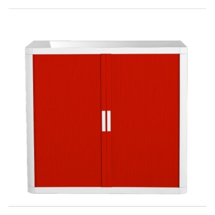 3660141930108-Armoire basse à rideaux EASY OFFICE - 110 x 104 x 41,5 cm - Corps et poignée blanc - Rideaux rouge--0