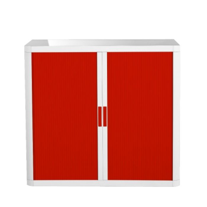 3660141930191-Armoire basse à rideaux EASY OFFICE - 110 x 104 x 41,5 cm - Corps blanc - Rideaux et poignée rouge--0