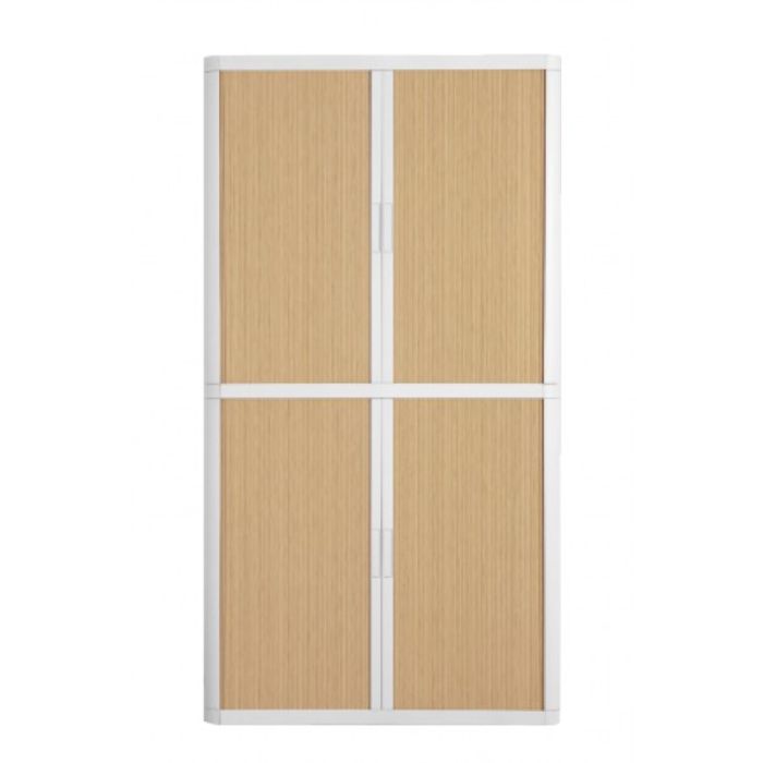 3660141930429-Armoire haute à rideaux EASY OFFICE - 110 x 204 x 41,5 cm - Corps et poignée blanc - Rideaux imitatio--0