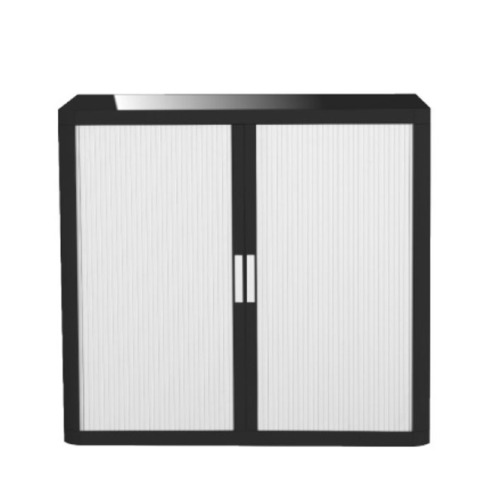 3660141931167-Armoire basse à rideaux EASY OFFICE - 110 x 104 x 41,5 cm - Corps noir - Rideaux et poignée blanc--0