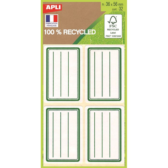 3270241013436-Apli Agipa - 32 Étiquettes scolaires 100% recyclées cadre et lignes verts - 36 x 56 mm - réf 101343--0