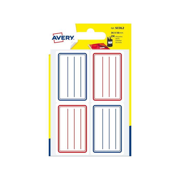 5014702026256-Avery - 24 Étiquettes scolaires blanches lignées bleu/rouge - 36 x 56 mm--0