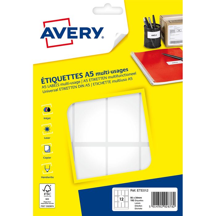 5014702026782-Avery - Etui A5 - 192 Étiquettes multi-usages blanches - 56 x 34 mm - réf ETE012--0