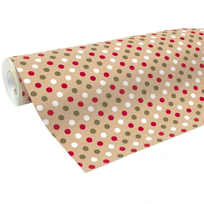 3329682238004-Clairefontaine - Papier cadeau kraft - 70 cm x 50 m - 60 g/m² - pois rouge/blanc/or--0