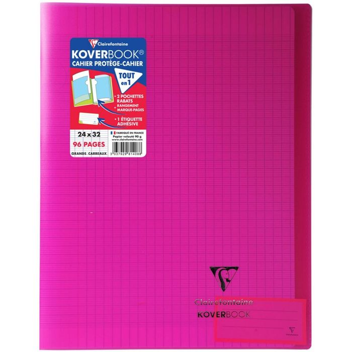 3037929814088-Clairefontaine Koverbook - Cahier polypro 24 x 32 cm - 96 pages - grands carreaux (Seyes) - rose--0