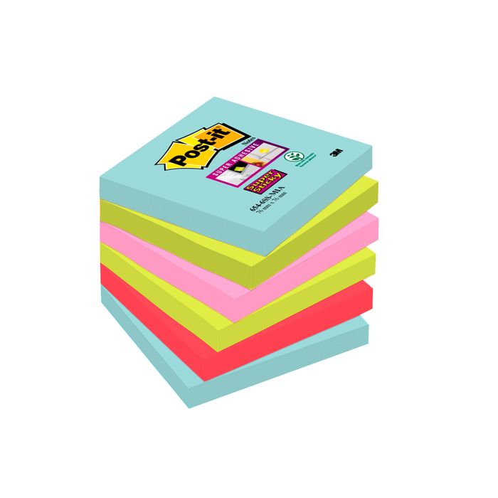 0076308499419-Post-it - 6 Blocs notes de 90 feuilles Super Sticky Miami - couleurs assorties - 76 x 76 mm--0