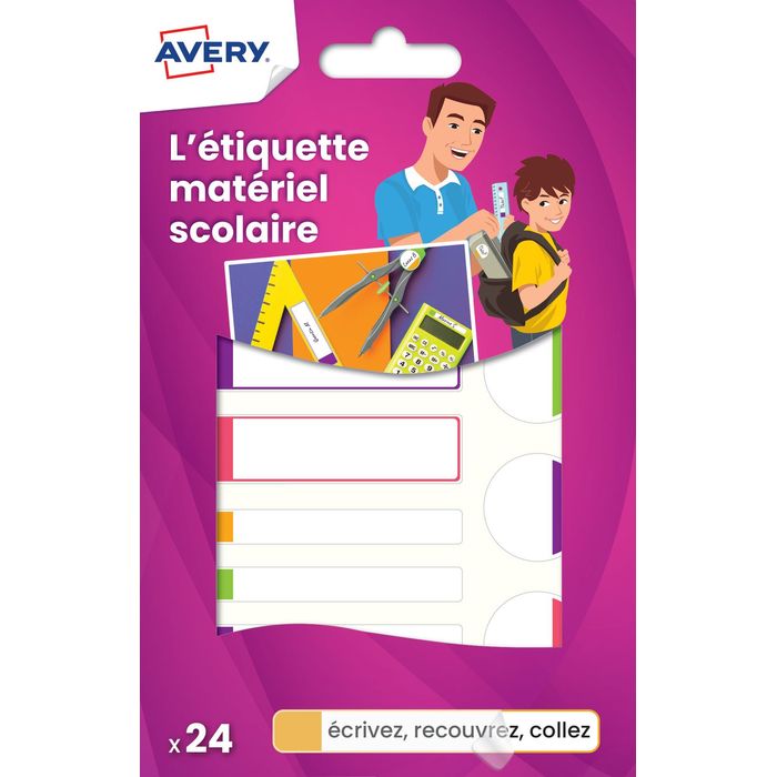 5014702028939-Avery - 24 Étiquettes plastifiées multi-usages blanches avec bordure fluo verte, bleue, jaune et rouge - 63 x 16 / --0