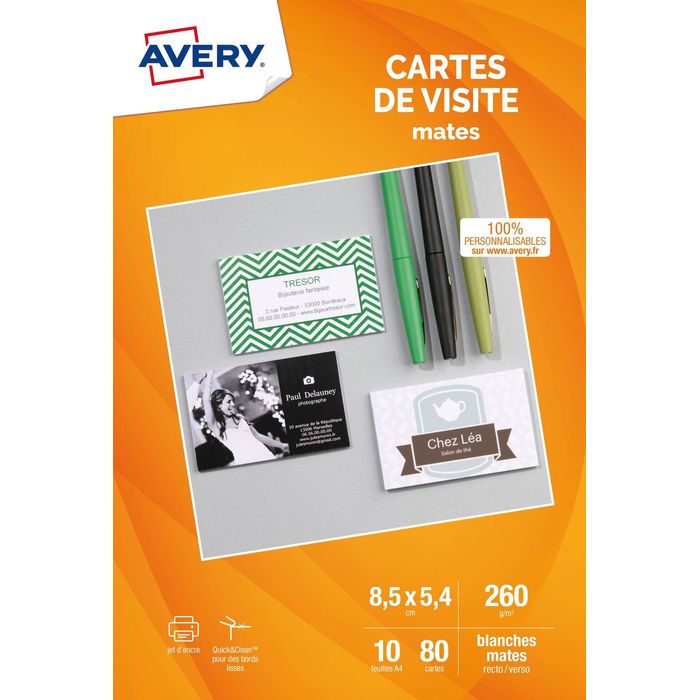 3266550120026-Avery - Papier pour 80 cartes de visite à bords lisses 85 x 54 mm - 260 g/m² - impression jet d'encre--0