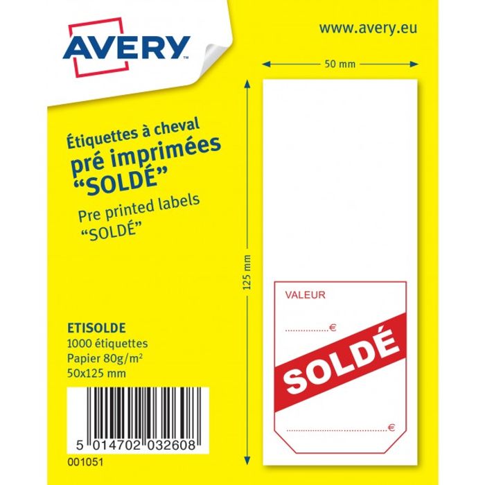 5014702032608-Avery -  1000 étiquettes à cheval pré-imprimées Soldé - 50 x 125 mm - Blanc/Rouge--0