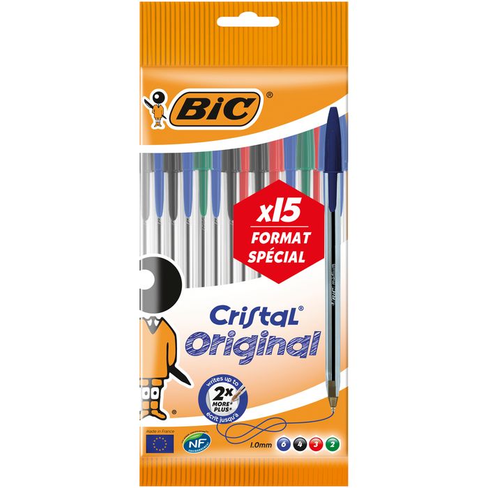 3086123368798-BIC Cristal Original - 15 Stylos à bille - noir, rouge, bleu, vert--0